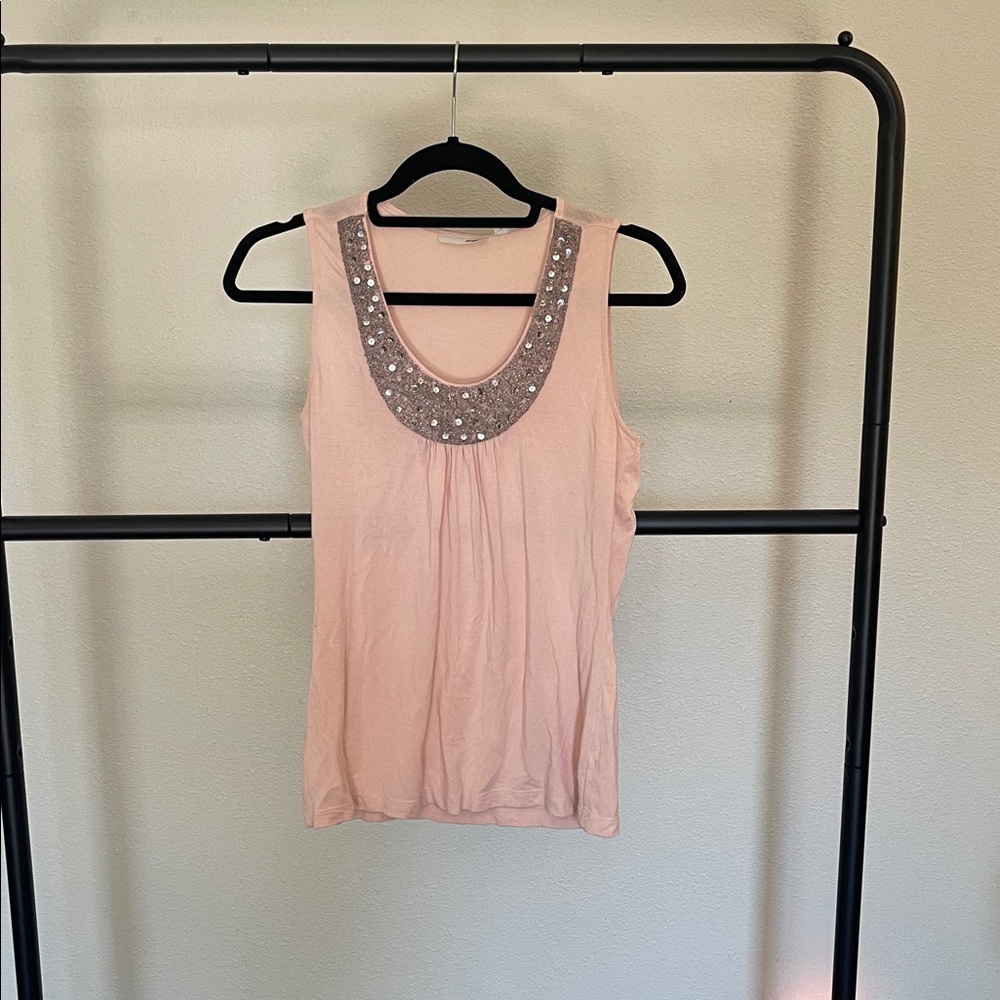 Halogen Pink Sleeveless Top with Embellished Neckline